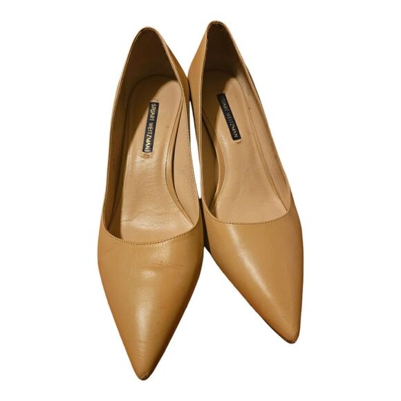 STUART WEITZMAN Stuart 85 Pointed Toe Block Heel Pumps Nude Leather - Size 8 1/2 - Picture 2 of 9